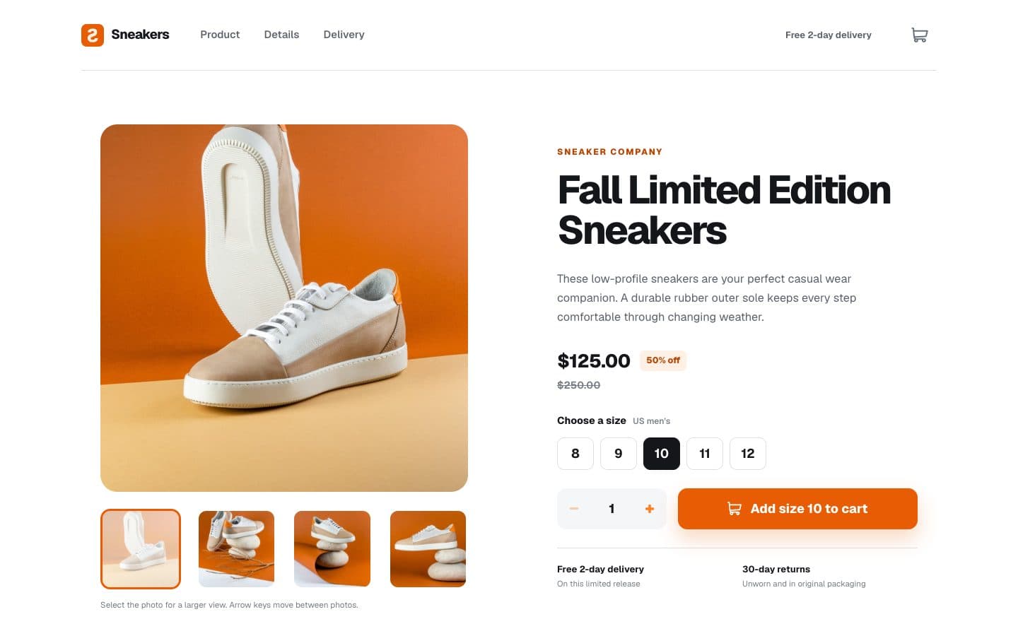 Sneakers product page: a white and tan low-profile sneaker on an orange backdrop with four thumbnails below, and beside it the Fall Limited Edition Sneakers title, a $125.00 price marked 50% off, US men's size 10 selected, quantity 1 and an Add size 10 to cart button