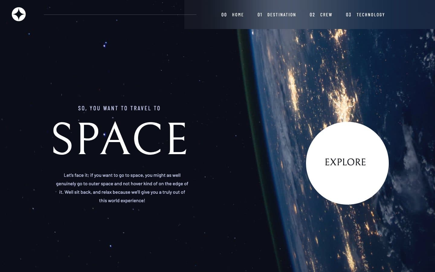 Space tourism homepage: "So, you want to travel to" above "SPACE" in large white type on a dark starfield, beside a night view of Earth's city lights from orbit with a round white Explore button, and numbered Home, Destination, Crew and Technology navigation across the top