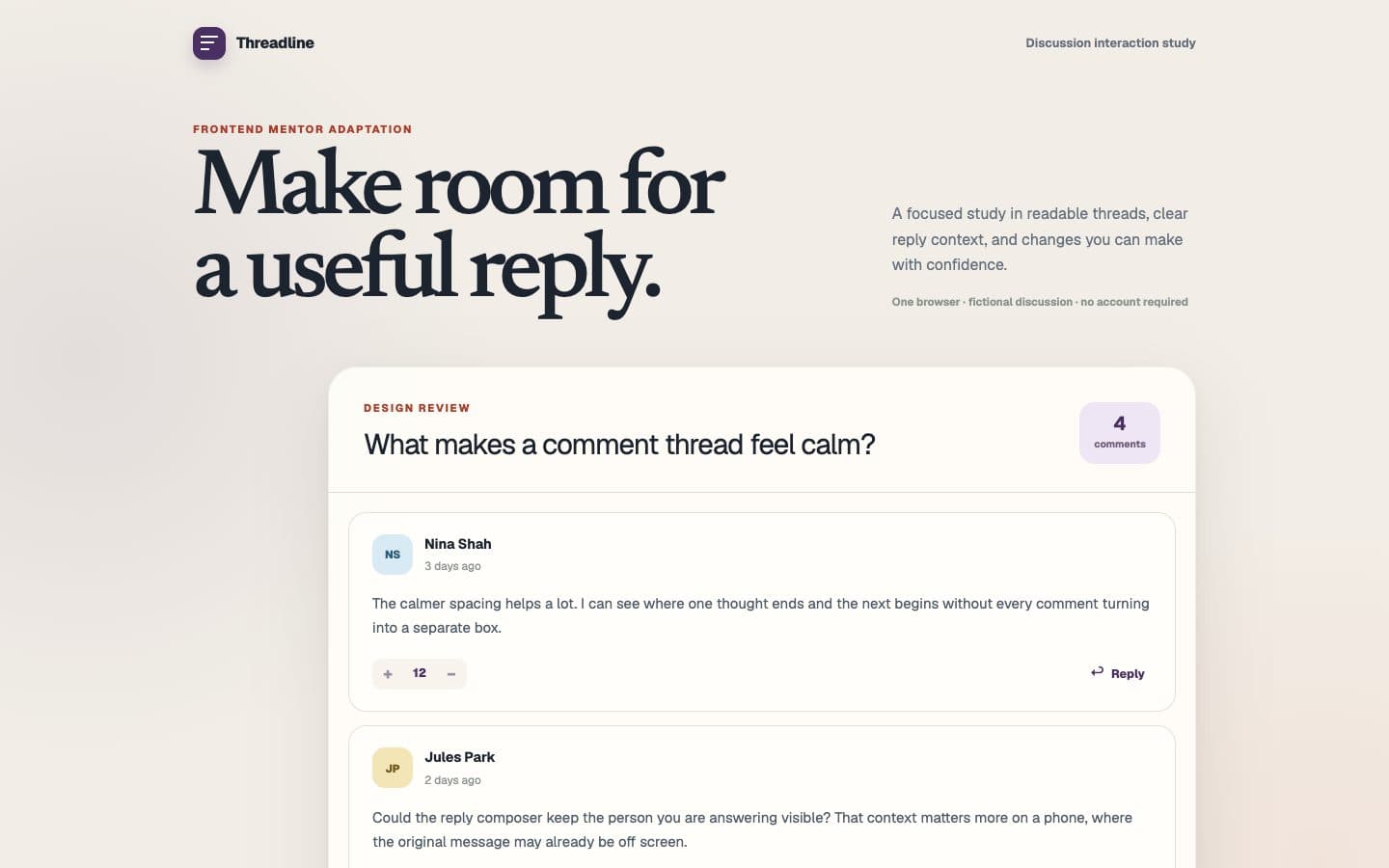 Threadline discussion opening on reply context: the headline Make room for a useful reply above a thread titled What makes a comment thread feel calm? with 4 comments, Nina Shah's comment with 12 votes and a Reply button, and the start of Jules Park's comment