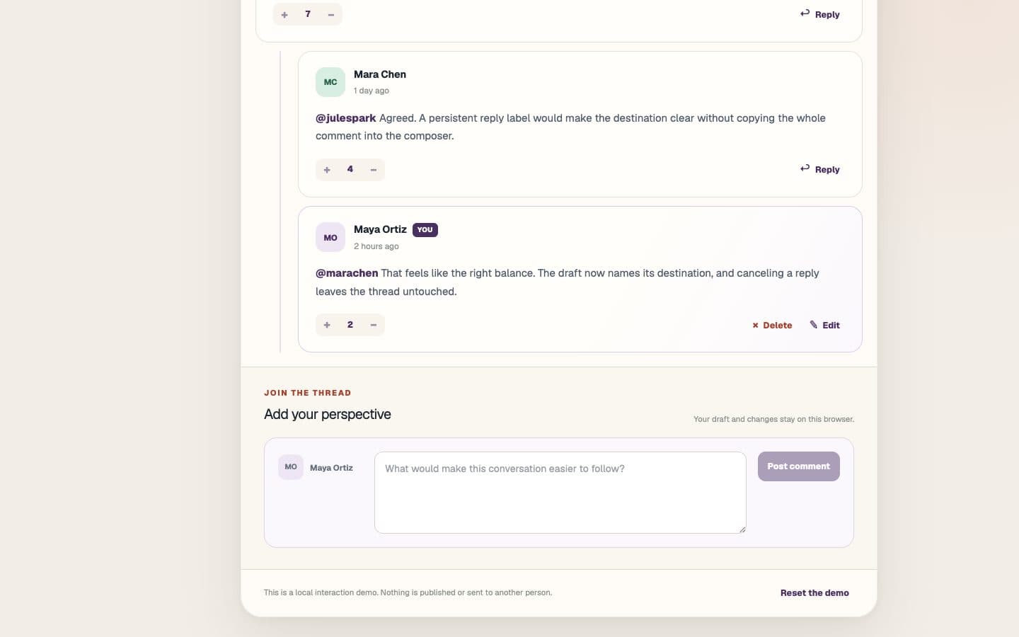 Threadline reply branch showing ownership: Mara Chen's reply to @julespark, then Maya Ortiz's reply to @marachen marked You with Delete and Edit actions, above the Add your perspective composer and a Reset the demo link